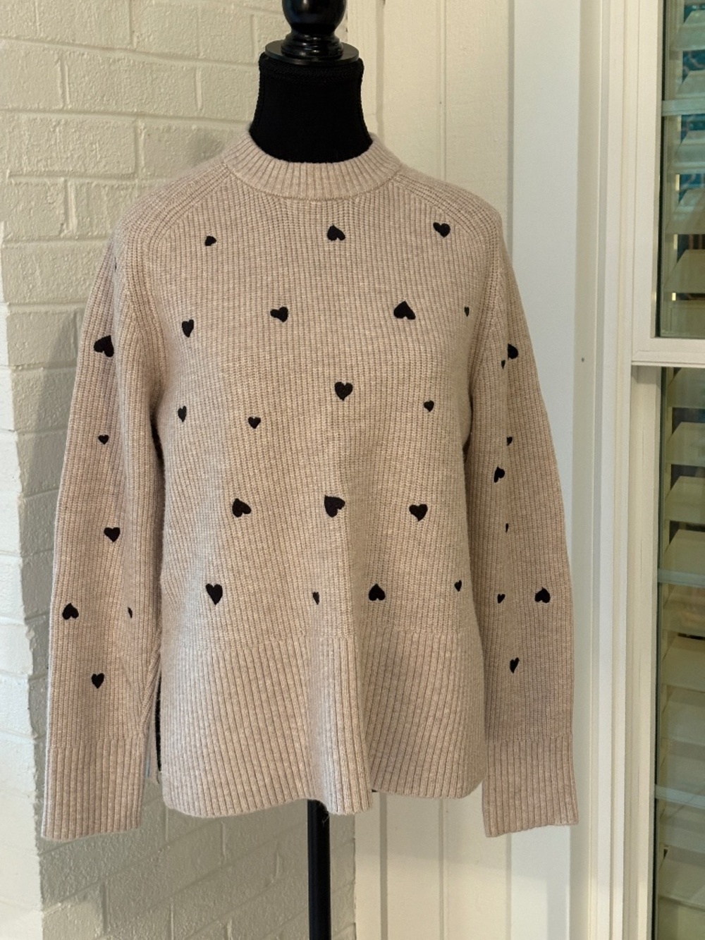 a new day embroidered heart sweater oatmeal heater sweater with black hearts XS